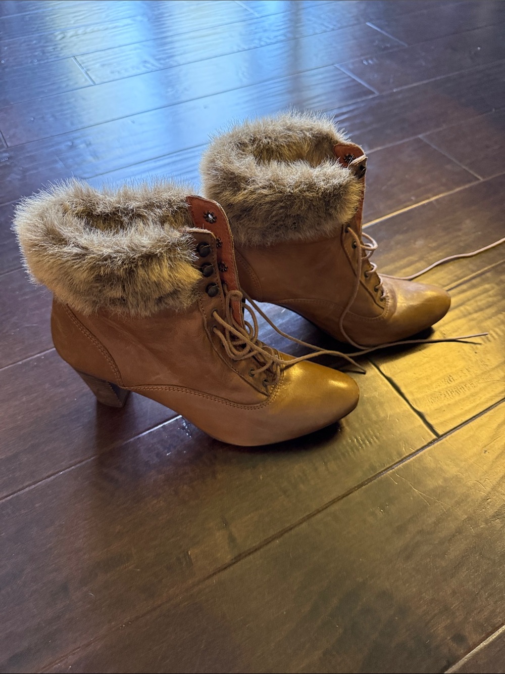 Axara Paris Faux Fur Tan Lace-Up Leather Ankle Boots for Women